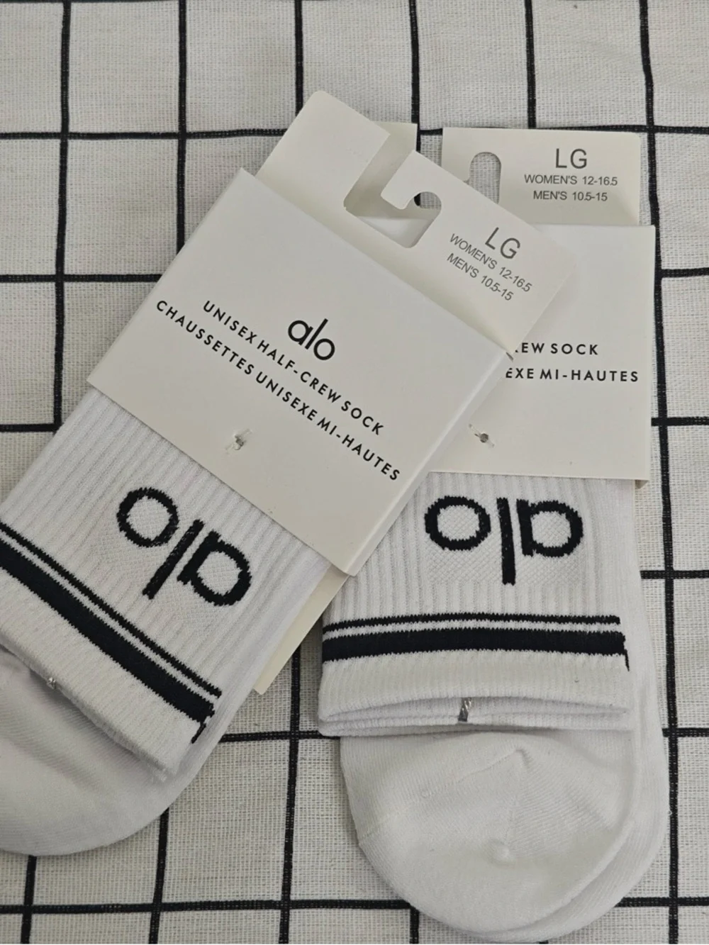 ALO Yoga White Crew Socks with Black Logo and Stripes